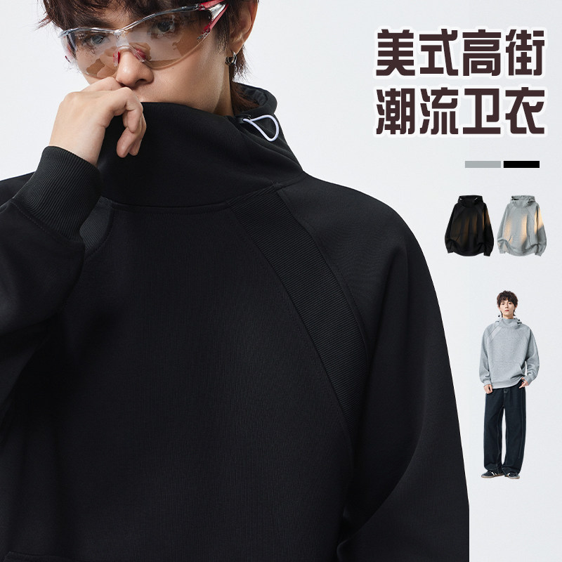 美式复古连帽卫衣男士春秋季新款设计感拉链休闲宽松情侣套头帽衫