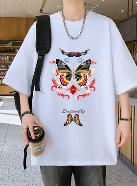 26577新款2026印花港风朱地棉短T男潮牌潮流宽松百搭半截袖上衣休