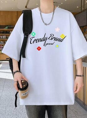 26587新款2026印花港风朱地棉短T男潮牌潮流宽松百搭半截袖上衣休