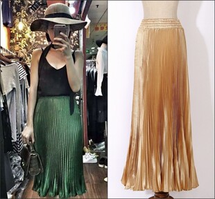 包臀百褶鱼尾裙2021新款 半身裙跳舞超大摆长裙子女夏 金属色中长款