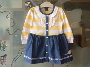 幼小童韩版童装儿童春秋季连衣裙 女童黄条牛仔拼接长袖裙子韩版