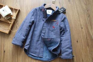 儿童纯棉双层纱布加绒衬衫男童长袖加厚衬衣中大童牛仔色加厚上衣