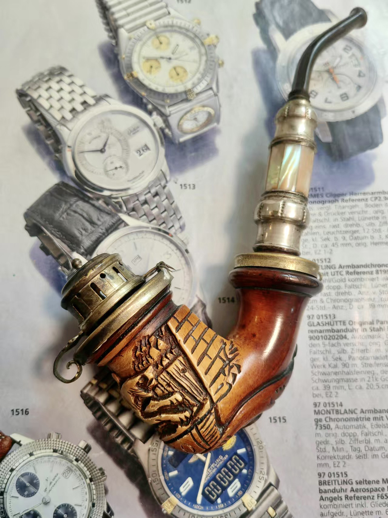 【海泡石古董老烟斗】18世纪德国纯手工雕刻猎豹狩猎图贝母牛角嘴