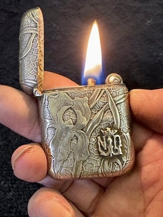 【欧洲古董火柴盒打火机】镍银双面高浮雕立体花卉图案煤油打火机