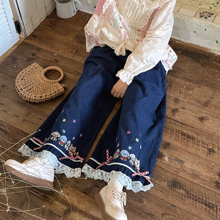 森系复古深蓝色牛仔裤 子 蕾丝花边童趣小狗绣花宽松显瘦阔腿九分裤