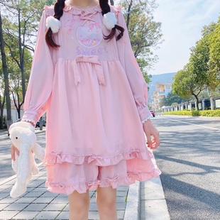 荷叶边软妹娃娃裙连衣裙 甜美少女感蜜糖罐头印花蝴蝶结中长款