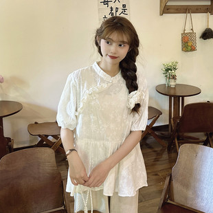夏季 温柔少女木耳花边复古盘扣甜美上衣新中式 灯笼袖 减龄娃娃衫