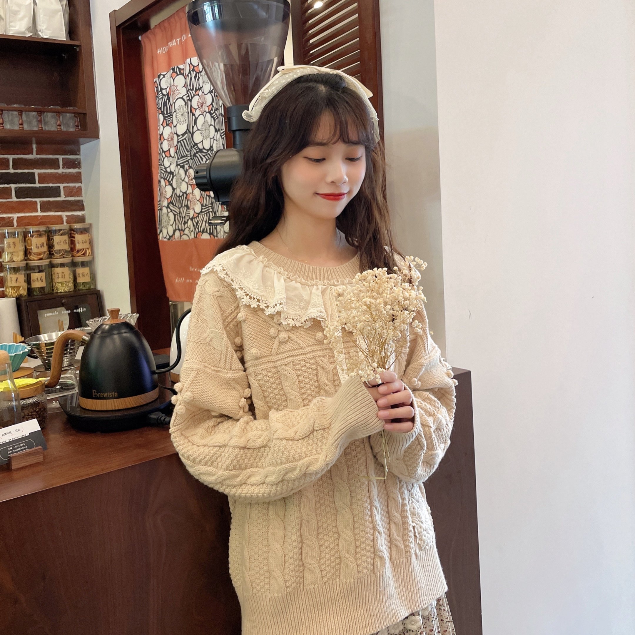 秋冬新款日系唯美蕾丝荷叶边毛衣森系立体球球宽松套头针织外套