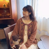 森系复古手工花朵绣花针织开衫 毛衣绑带蝴蝶结少女减龄秋冬外套