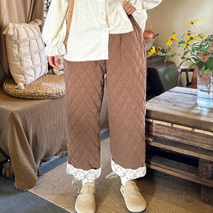 子 松紧腰复古蕾丝花边直筒显瘦九分裤 冬季 加厚灯芯绒绗棉休闲裤