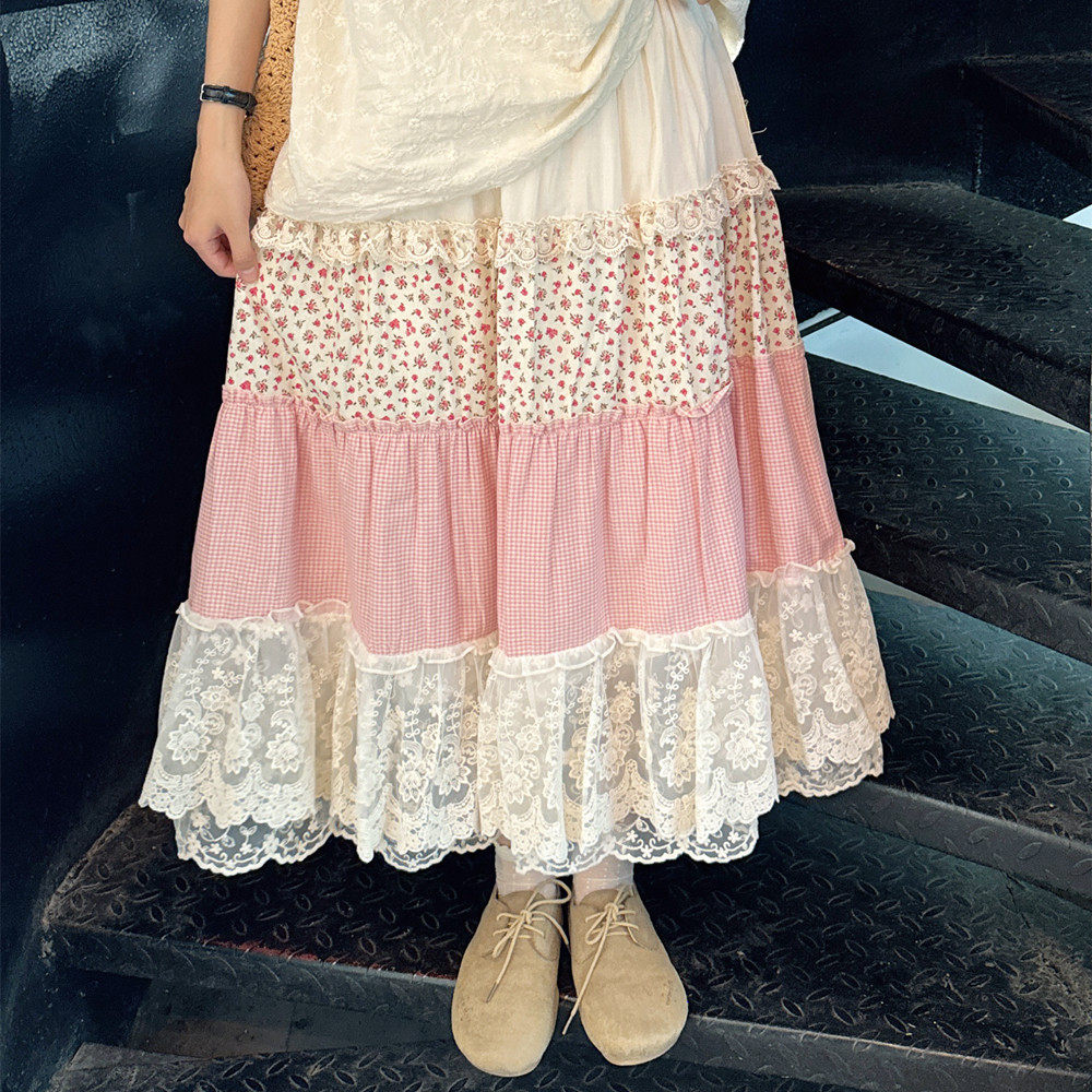 森系复古精致蕾丝花边蛋糕裙少女粉色碎花松紧腰显瘦大摆裙半身裙