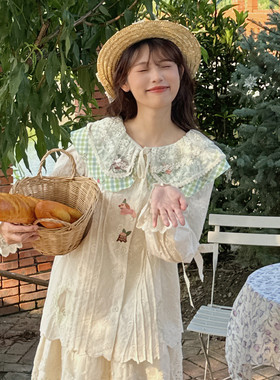 森系温柔网纱蕾丝绿色格子娃娃领衬衫复古少女感精美绣花减龄上衣