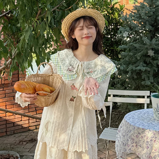 森系温柔网纱蕾丝绿色格子娃娃领衬衫 复古少女感精美绣花减龄上衣