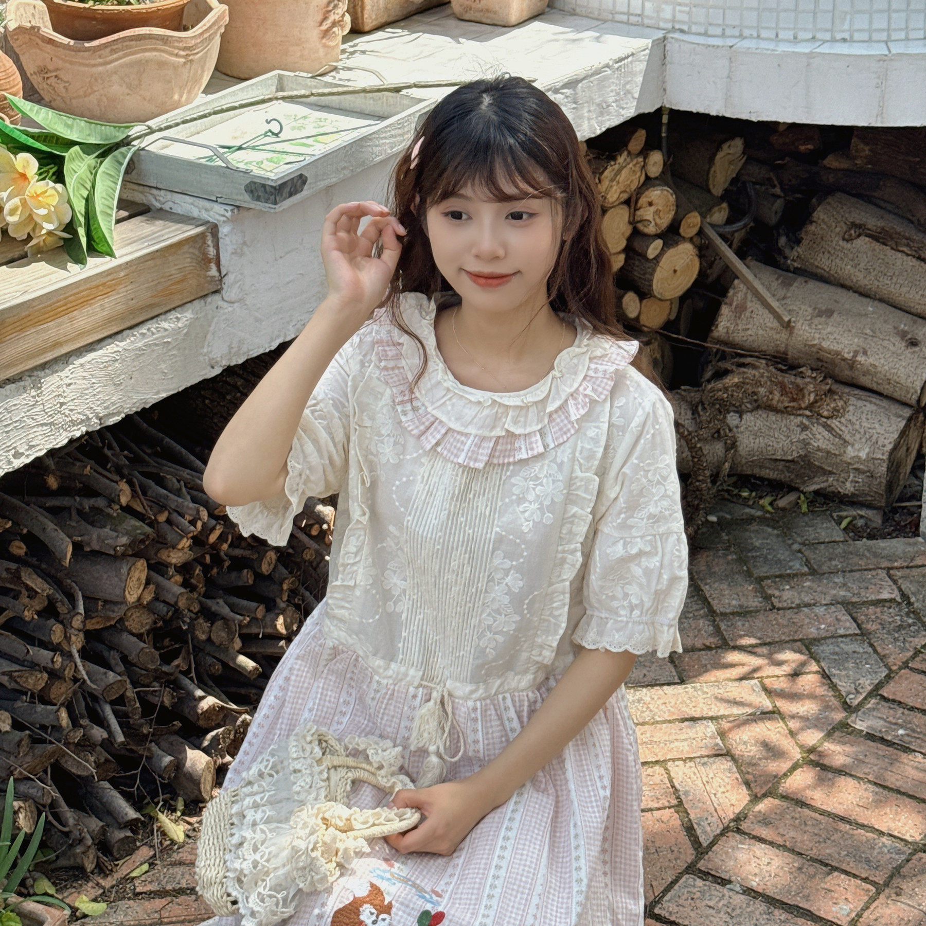夏季少女双层蕾丝荷叶领连衣裙