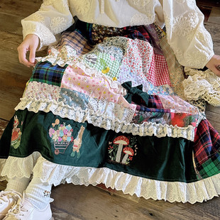 冬季森系温暖灯芯绒碎花拼接半身裙甜美立体蝴蝶结蕾丝花边长裙子