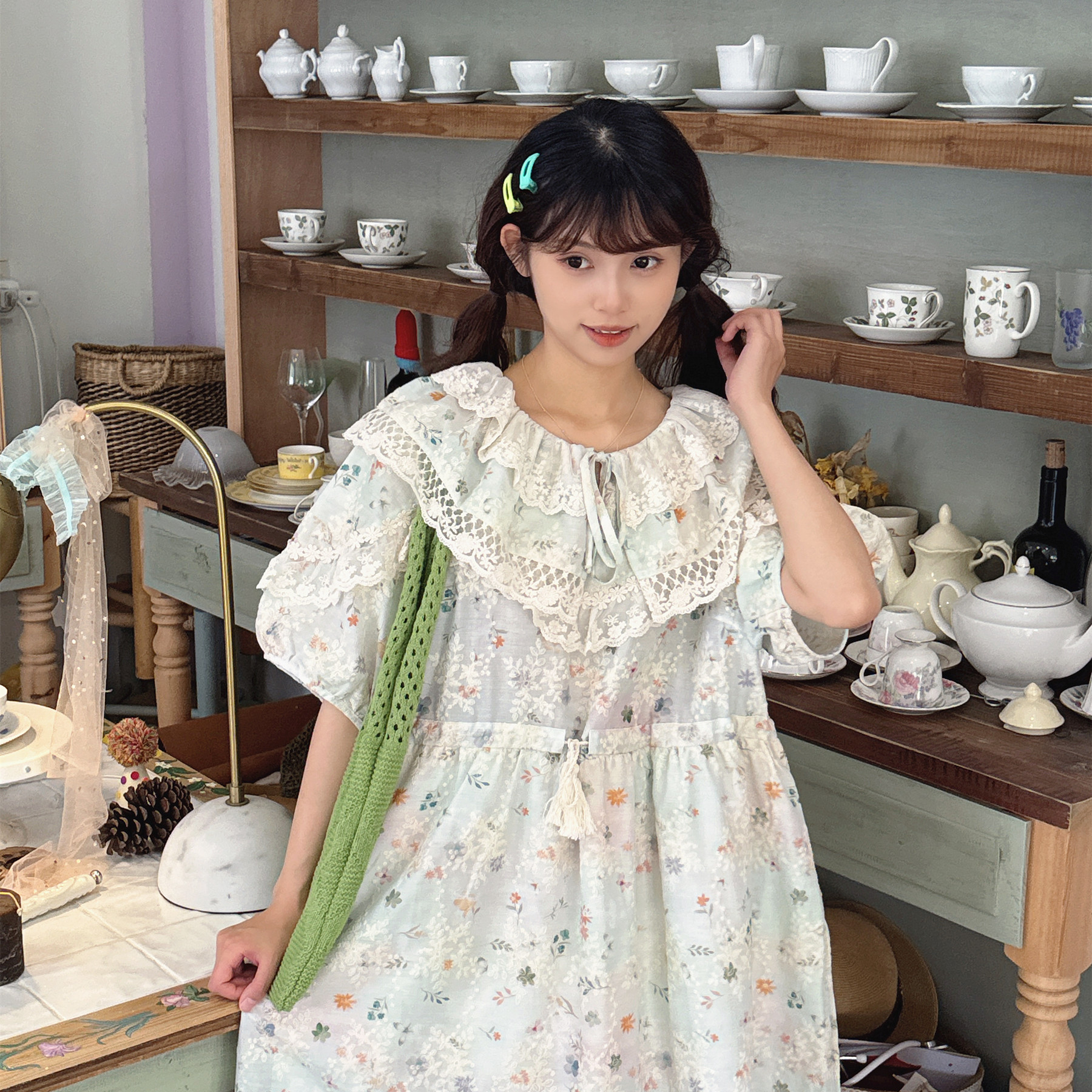 夏季森系清新绿色碎花连衣裙