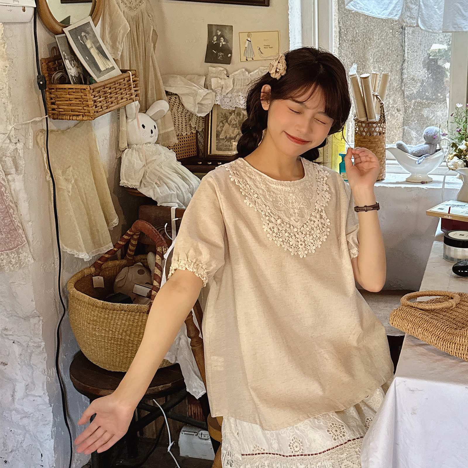 森系温柔水溶蕾丝花边棉麻衬衫复古少女减龄灯笼袖娃娃衫上衣
