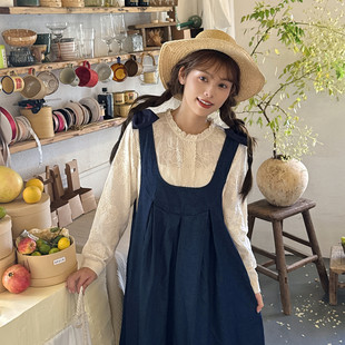 秋季 复古立体蝴蝶结水洗牛仔连衣裙中长显瘦背心裙深蓝色少女长裙