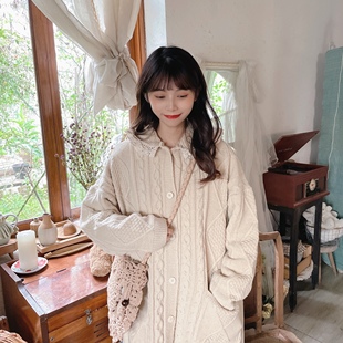 森系文艺复古蕾丝花边中长款 毛衣慵懒风宽松连帽保暖秋冬毛线外套