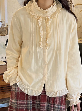 冬季加绒加厚奶黄色宫廷荷叶边立领衬衫复古灯笼袖打底衫娃娃衫