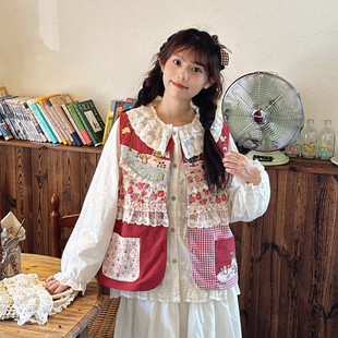 森系复古浪漫碎花拼接木耳边少女蕾丝花边拼接叠穿外搭马甲背心