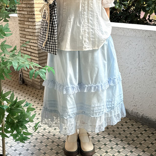 夏季森系小清新浅蓝色半身裙中长款松紧腰显瘦少女蕾丝花边长裙子