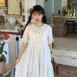 夏季少女气质蕾丝花边娃娃领短袖连衣裙小清新碎花显瘦蛋糕裙长裙