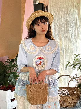 复古田园兔子绣花娃娃领短袖衬衫