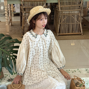 森系娃娃领甜美花朵刺绣衬衫少女碎花复古灯笼袖棉麻娃娃衫上衣