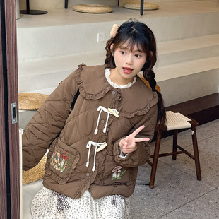 冬季 森系复古牛角扣咖啡色娃娃领加厚外套口袋绣花宽松保暖棉衣