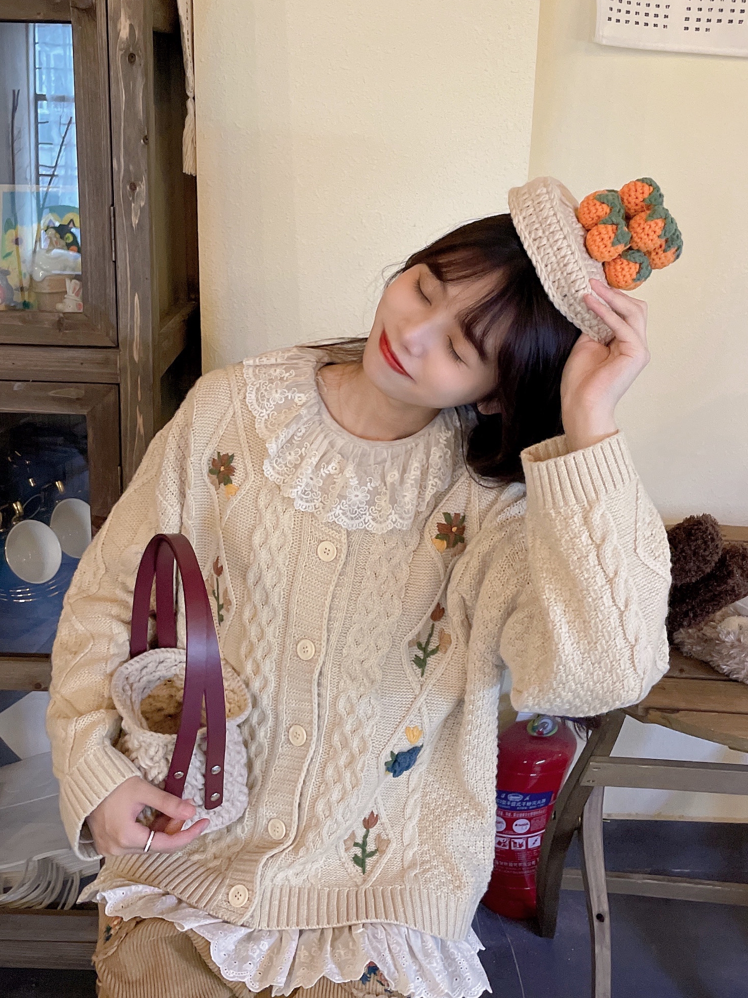 复古森系手工立体绣花开衫毛衣温柔杏色羊毛加厚针织毛线秋冬外套