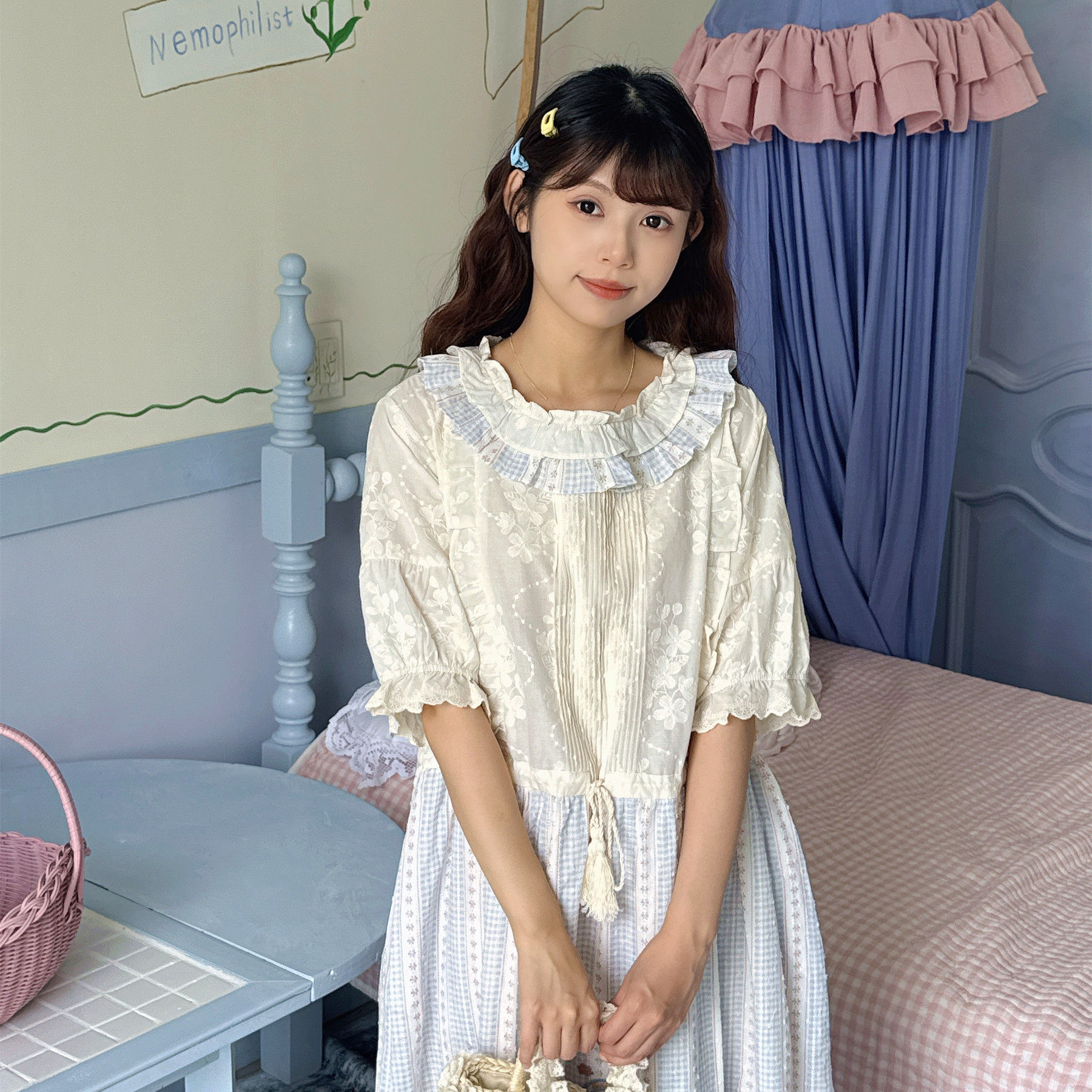 森系甜美蕾丝花边娃娃领连衣裙