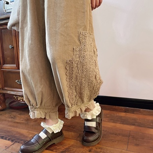 九分裤 松紧腰阔腿休闲裤 复古灯芯绒文艺蕾丝花边灯笼裤 温暖秋冬季