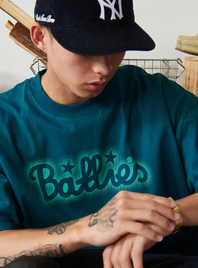 Battles 夏季雾化logo基础印花重磅纯棉短袖T恤圆领宽松休闲