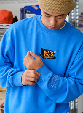 Battles 秋季基础刺绣重磅毛圈纯棉长袖T恤男女薄款卫衣套头宽松