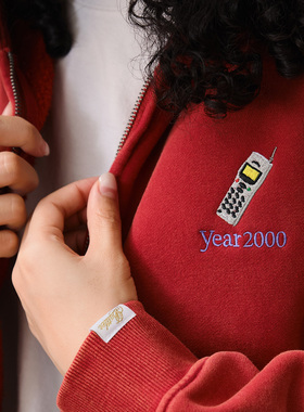 Battles 电子产品刺绣洗水做旧短宽拉链卫衣美式复古外套帽衫休闲