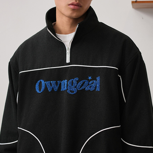 Battles 羊毛混纺拼接半拉链卫衣刺绣美式宽松复古外套秋冬套头