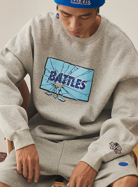 Battles 秋冬破碎玻璃logo立体印花圆领抓绒卫衣男外套宽松上衣