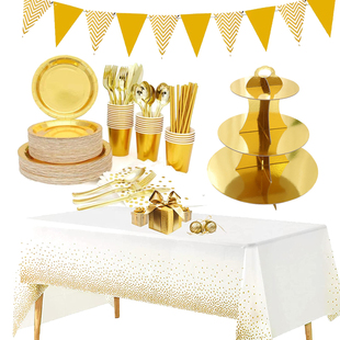 金色一次性纸盘纸杯餐具刀叉勺桌布儿童生日派对节日庆典活动用品