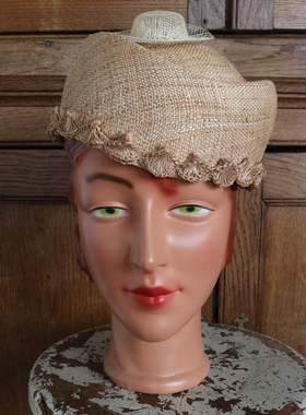 Berchem womaninhat 1950s古董凹陷轮廓无檐草帽像个金元宝顶头上