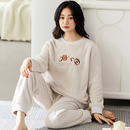 女士睡衣秋冬款半边绒加绒加厚保暖珊瑚绒女款冬季大码家居服套装