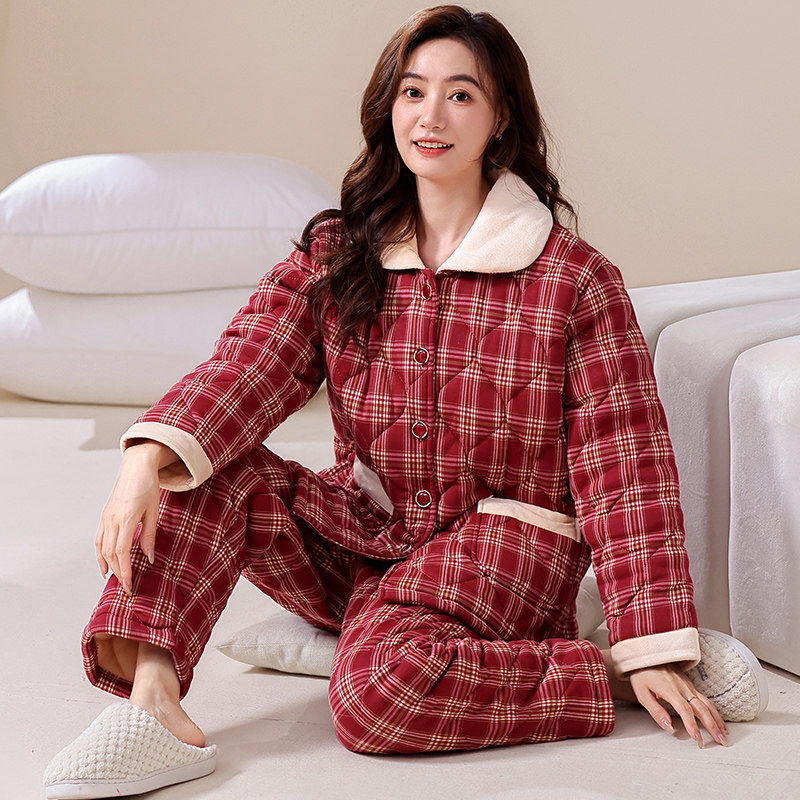 新款冬季睡衣女长袖加厚大码三层夹棉保暖棉袄中青年可外穿家居服