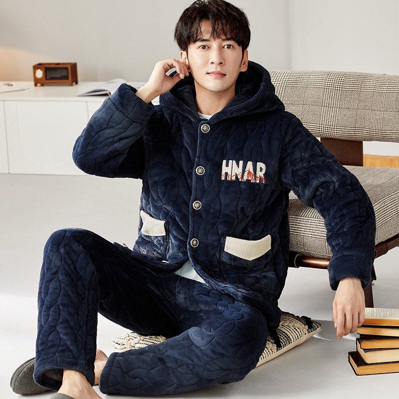 2026年新款睡衣男秋冬季加绒加厚珊瑚绒三层夹棉袄冬款家居服套装