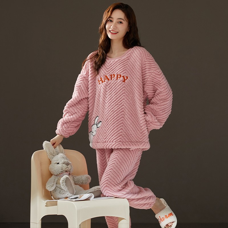 圆领保暖睡衣女冬季珊瑚绒加厚加绒法兰绒家居服套装2026新款秋冬