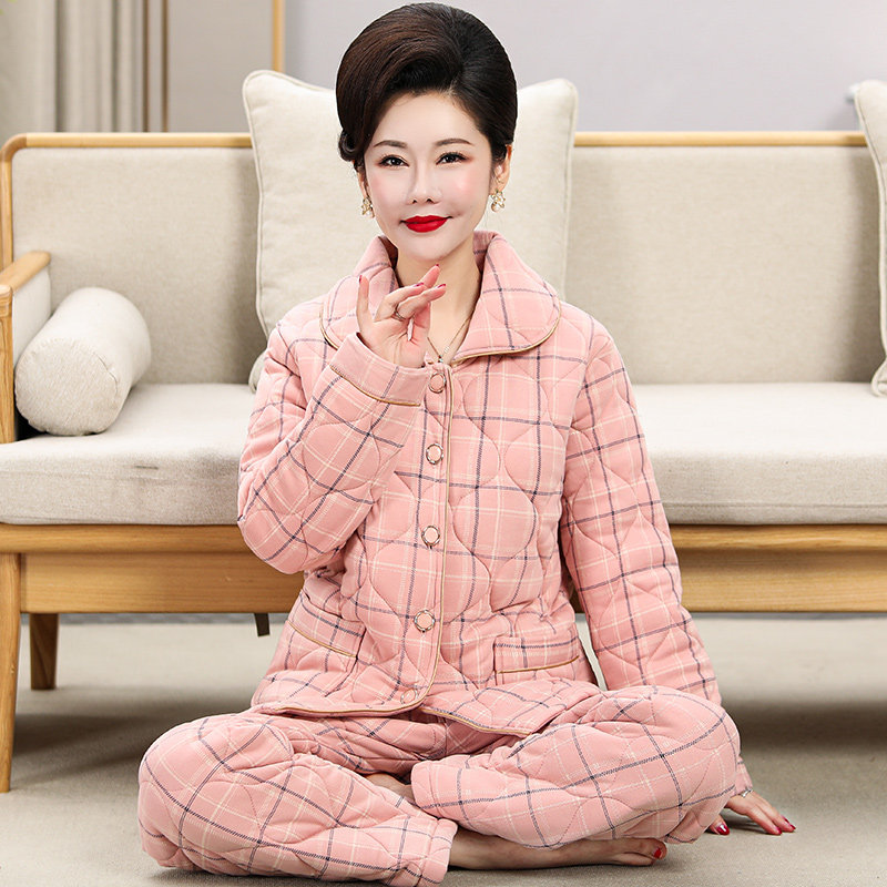 秋冬季中老年加厚纯棉三层夹棉新款保暖睡衣女棉袄妈妈家居服套装