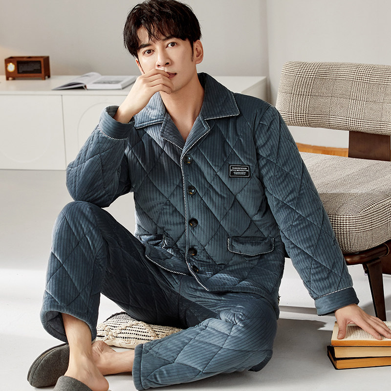 睡衣男秋冬加绒加厚三层夹棉珊瑚绒中年爸爸冬季家居服套装可外穿