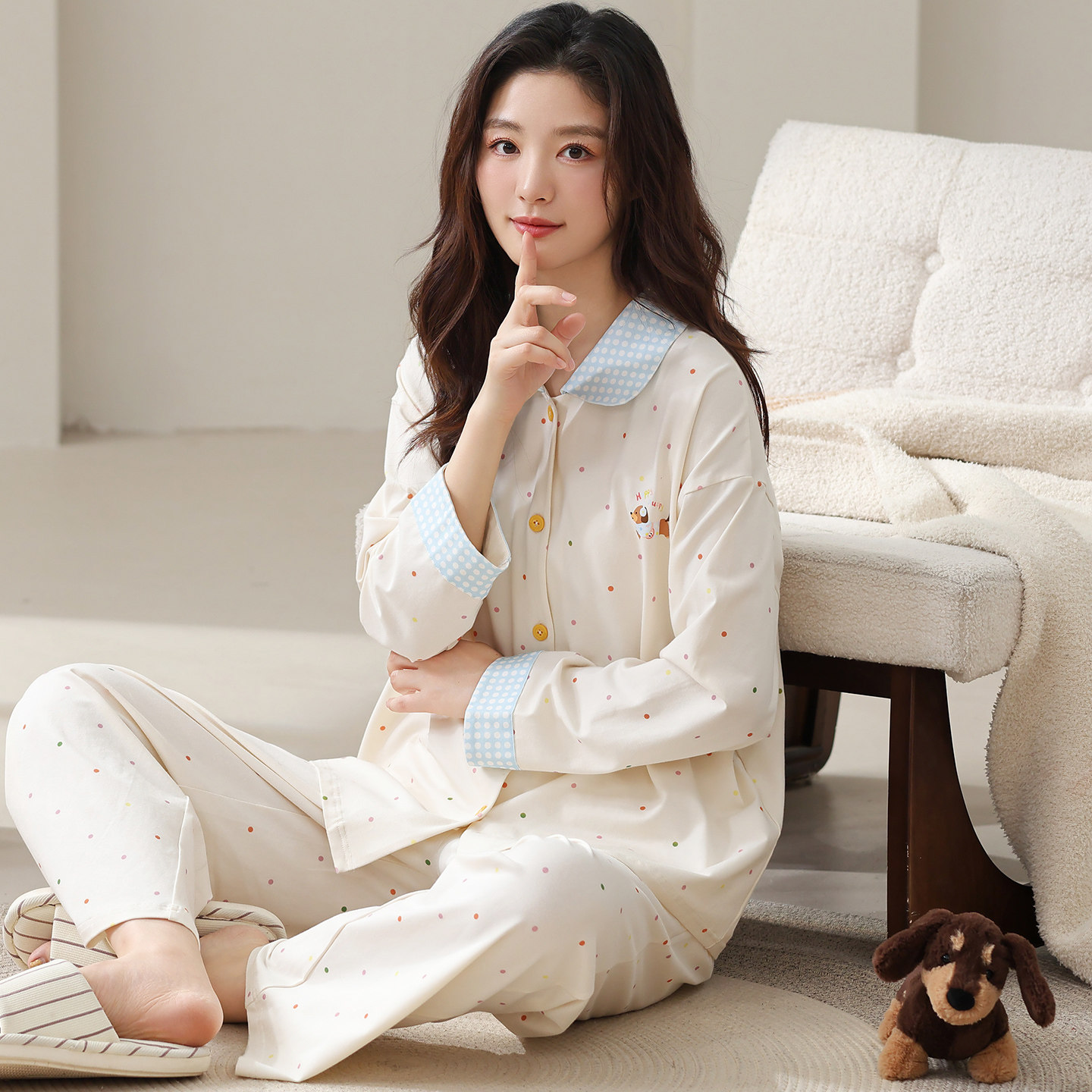纯棉女款小狗开衫秋季睡衣套装