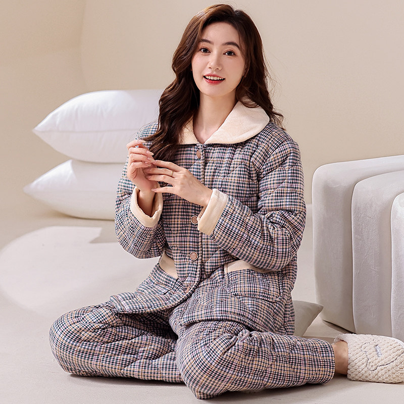 秋冬季妈妈睡衣女士长袖加厚大码纯棉三层夹棉新款保暖棉袄家居服