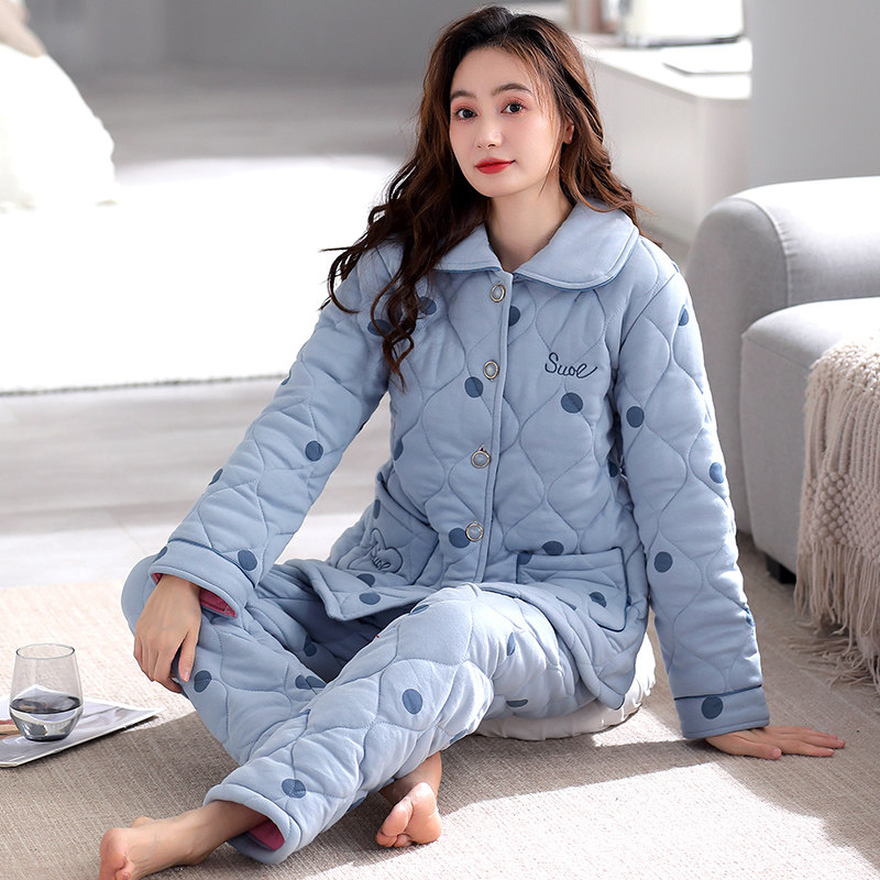 纯棉睡衣女冬季女士三层加厚夹棉袄保暖女款妈妈秋冬款家居服套装