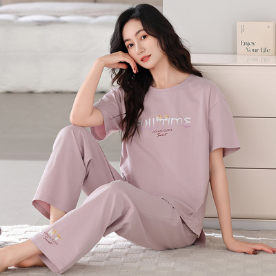 中老年妈妈睡衣女款高级短袖长裤
